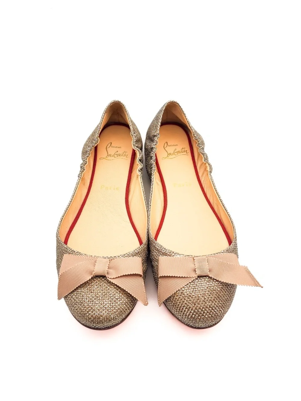 Christian Louboutin Gloriana Glittered Gold Fabric Ballet Bow Flats EU 37.5